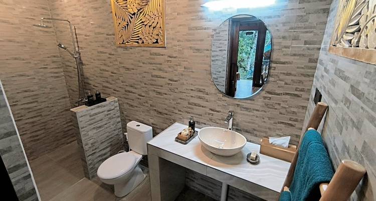 Salle de bain moderne avec un lavabo, un miroir et un espace douche.