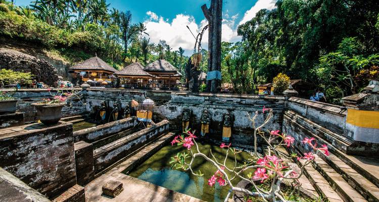 Traditionele Balinese tempel met waterpartijen en groen.