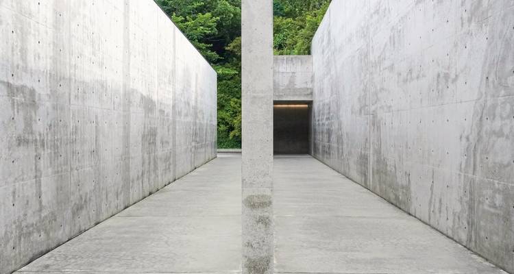 Corridor minimaliste en béton d'un musée moderne situé face à une forêt verdoyante luxuriante