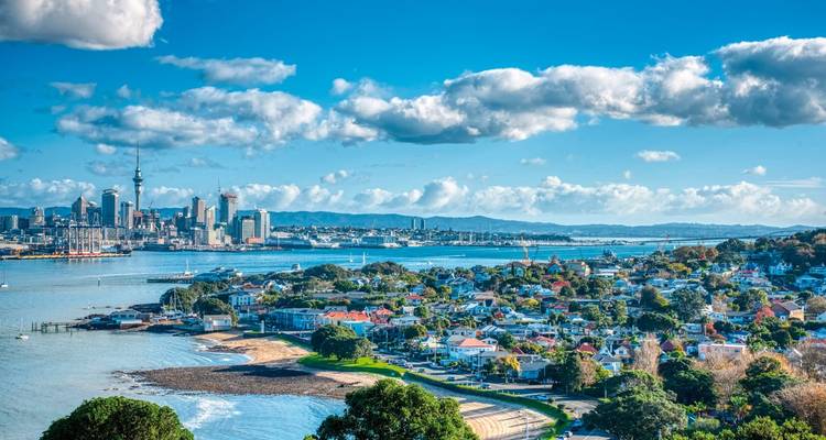 Vue panoramique de la ville d'Auckland avec le littoral.