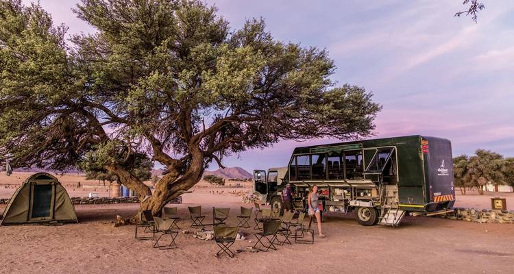 Safari truck parked under a tree in a desert camping area at sunset.