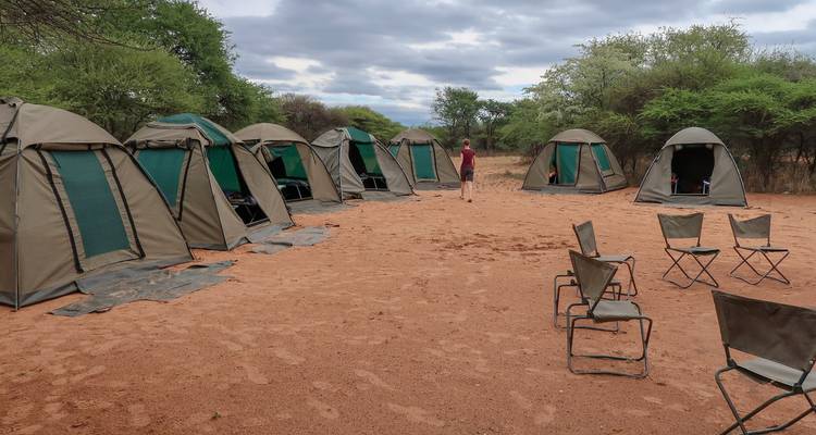 Camping avec plusieurs tentes et chaises.