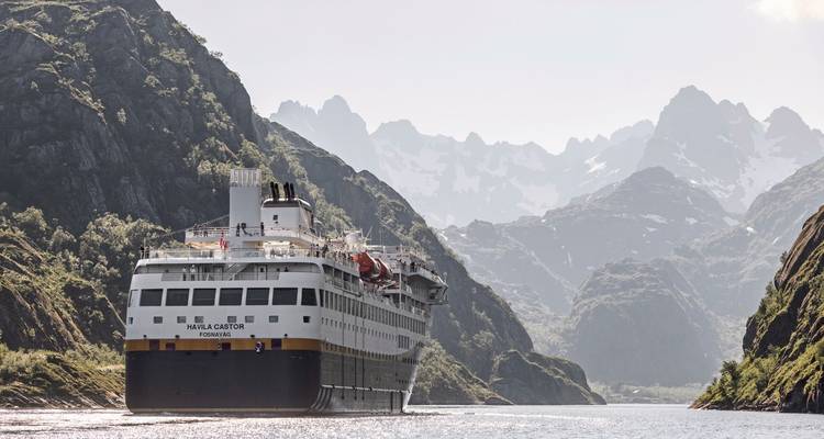 Cruise ship maneuvering through a mountainous fjord.