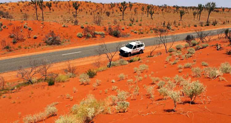 A lone 4WD vehicle travels an empty road through vivid red desert landscape dotted with scrub.