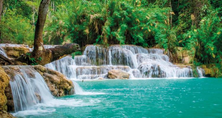 Cascade pittoresque aux eaux turquoise entourée de verdure.