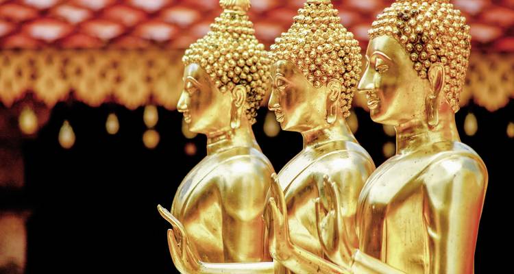 Rangée de statues de Bouddha dorées dans un temple avec une structure de toit rouge.