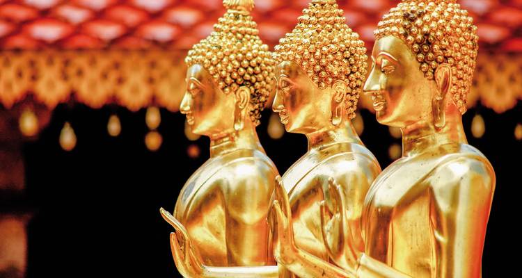 Rangée de statues dorées brillantes de Bouddha avec des coiffures ornementées à l'intérieur d'un temple
