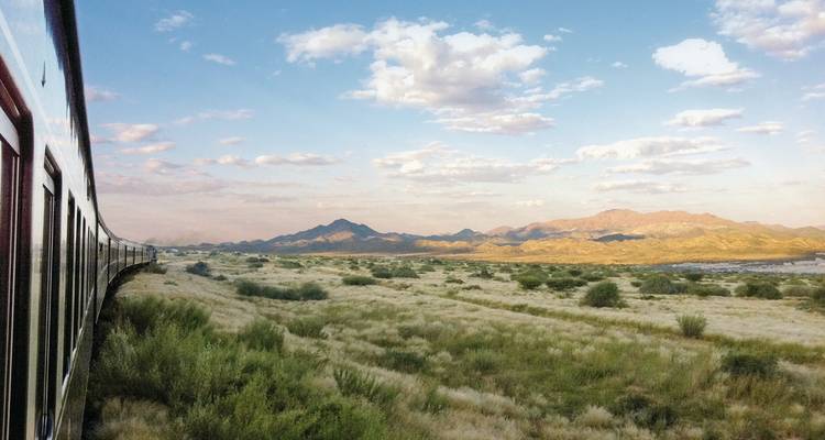 Trein die door een schilderachtig landschap reist