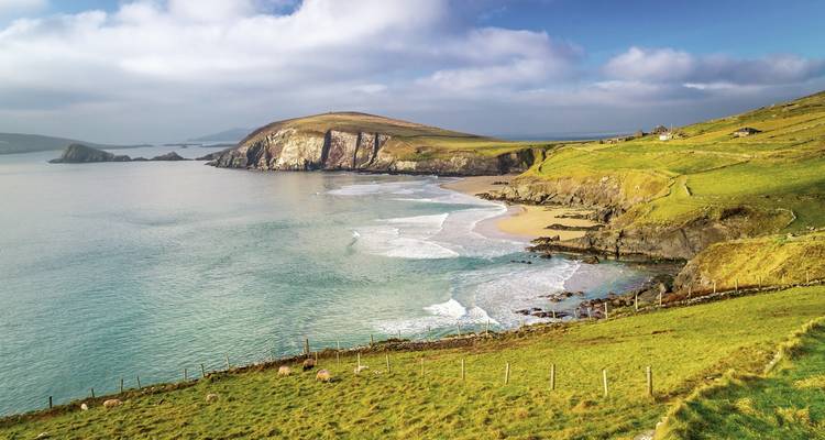 Colinas verdes onduladas y una playa silenciosa.