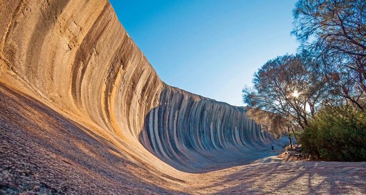Wave Rock formation against a clear blue sky.