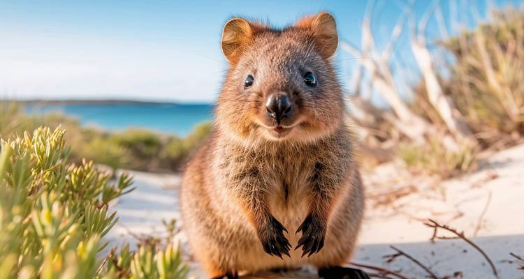 Gros plan d'un quokka dans un cadre de plage