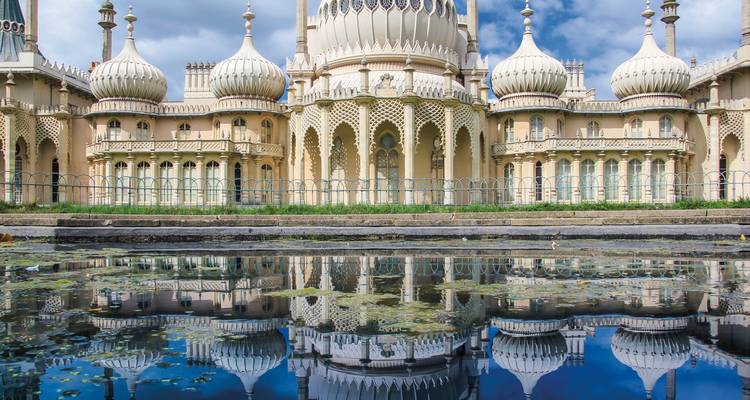 Brighton Pavilion in England with a water reflection.