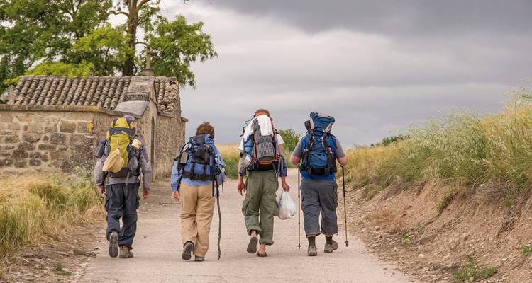 Quatre randonneurs marchant sur un sentier rural.