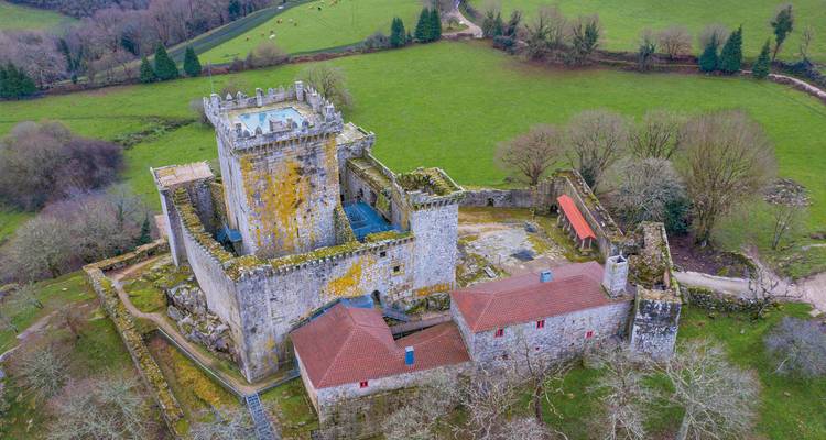 Vue aérienne d'un ancien château de pierre dans une zone verdoyante luxuriante.