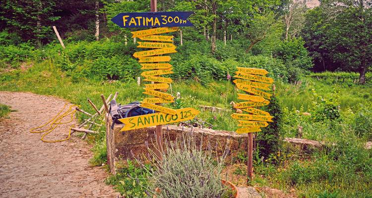 Kleurrijke borden met afstandsmarkeringen op een landelijk pad.