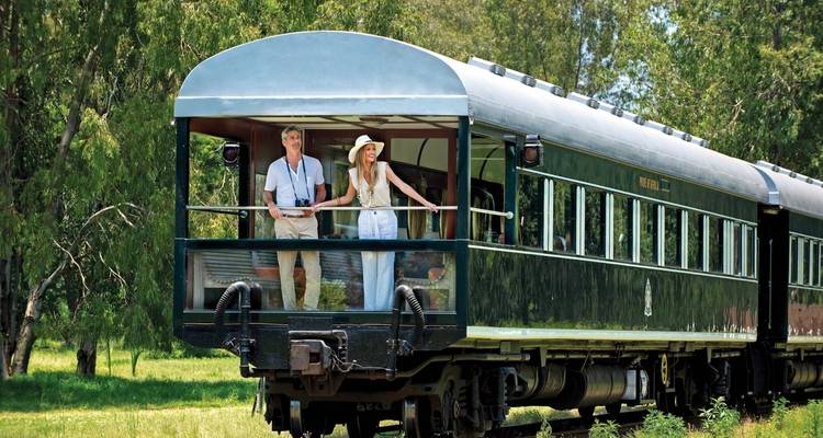 Stel geniet van het uitzicht vanaf een observatiedek op een trein.
