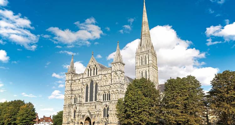 Der kunstvoll gestaltete gotische Spitzturm und die Fassade der Kathedrale von Salisbury erheben sich über den umgebenden Bäumen vor einem strahlend blauen Himmel.