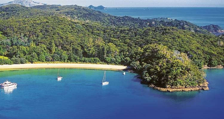 Luftaufnahme einer abgeschiedenen Bucht mit Yachten.