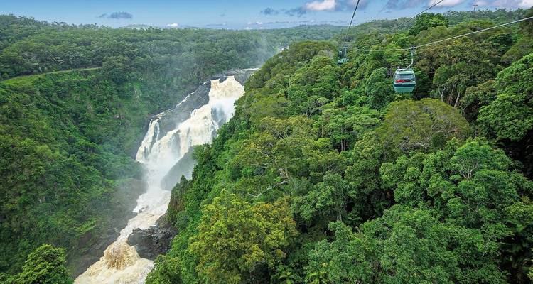 Vue aérienne d'une cascade dans une forêt tropicale dense.
