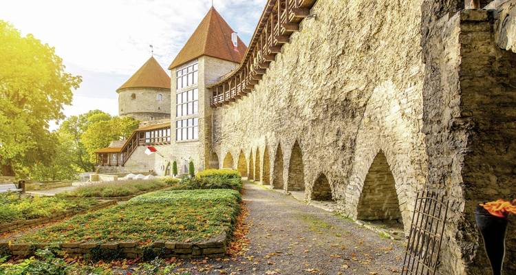 Middeleeuwse kasteelmuren met stenen bogen en tuinen.