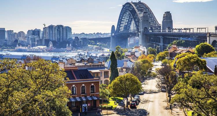 Urban landscape with iconic bridge and city skyline across the harbor.