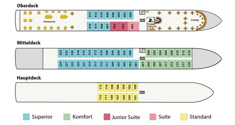 Deck plan of a cruise ship with labeled areas and decks.
