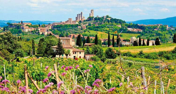 Ville perchée de San Gimignano avec ses tours historiques.