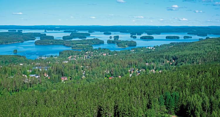 Expansive green forest with lakes visible in the distance.