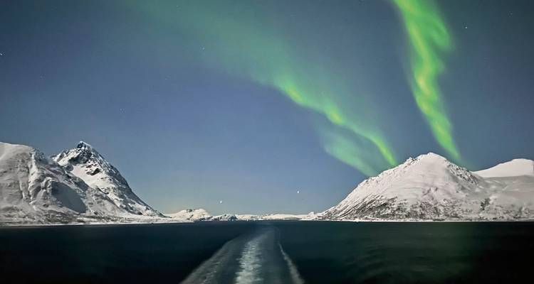 Aurores boréales au-dessus d'une chaîne de montagnes enneigées, vues depuis un bateau.