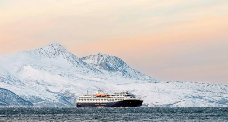 Un navire de croisière naviguant en eaux libres avec des montagnes enneigées en arrière-plan.