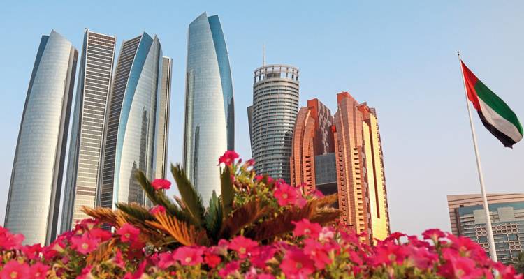 Rascacielos modernos con una bandera nacional y flores rosadas en primer plano.