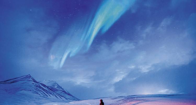 Personne contemplant une aurore boréale dans un paysage enneigé.