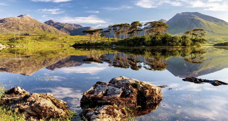 Landschaft mit Bergen und Bäumen, die sich in einem ruhigen See spiegeln.