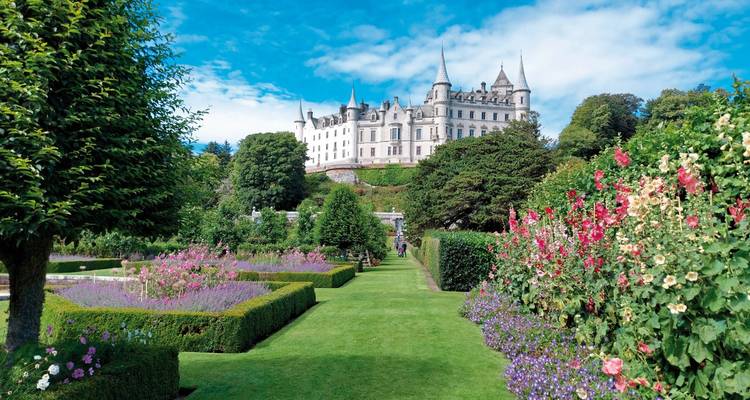 A grand castle with manicured gardens and pathway.