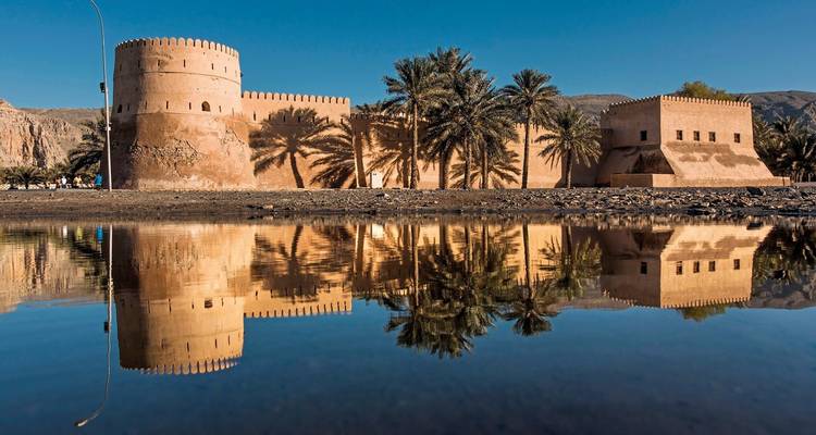 Historisch fort met palmbomen weerspiegeld in het water.