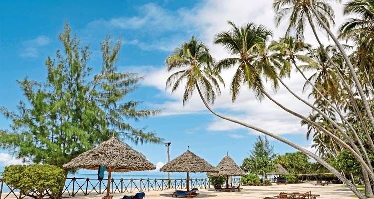 Sandy beach with thatched umbrellas and palm trees.