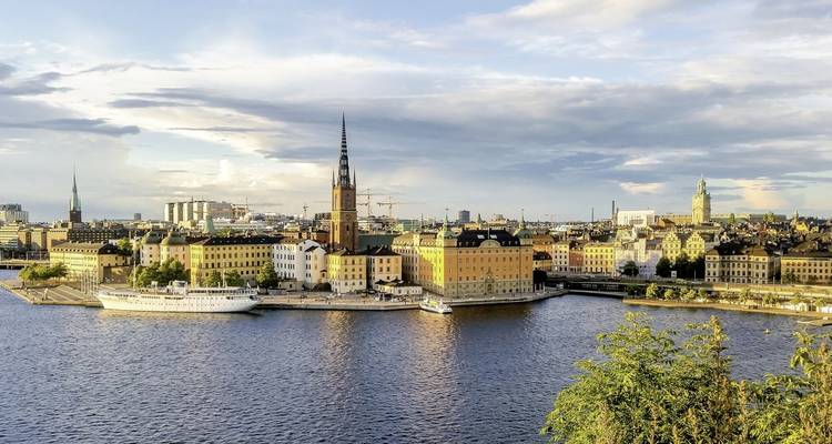 Stockholm cityscape with historical buildings along a waterfront.
