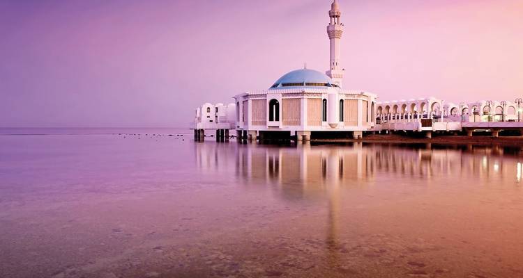 Beautiful mosque by the sea at sunset.