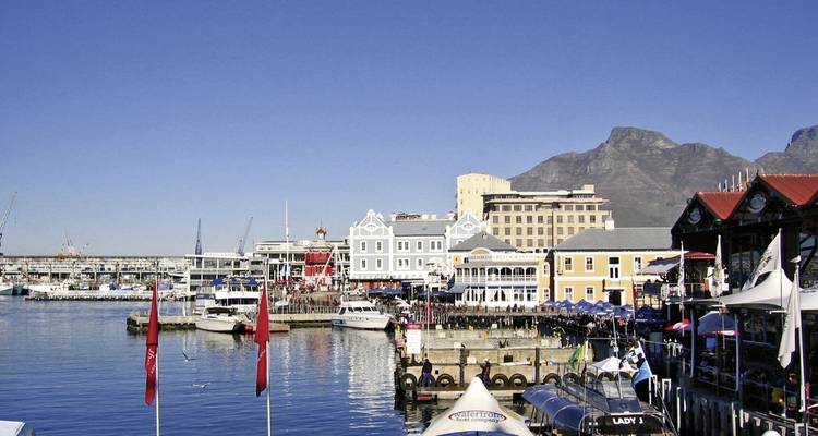 Levendige waterkantgebied met haven en bergen.