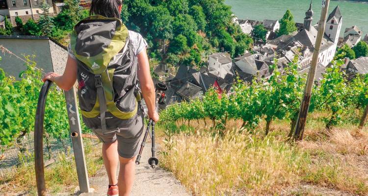 Une personne descendant un sentier de vignoble vers un village au bord de la rivière.