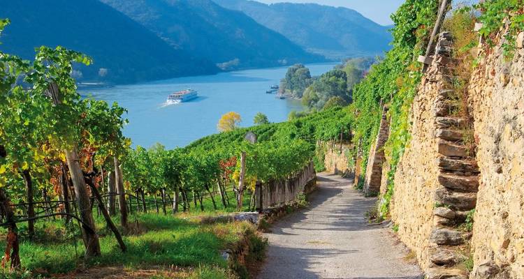 Malerische Aussicht auf einen Fluss mit einem Boot und weinbergbedeckten Hügeln.