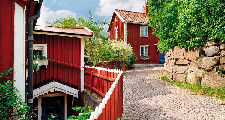 Rue pavée avec maisons en bois rouge et verdure luxuriante.