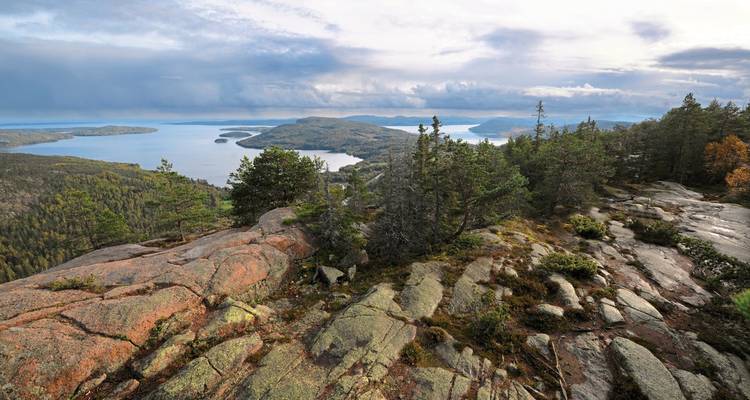 A rocky plateau with trees overlooking a lake.