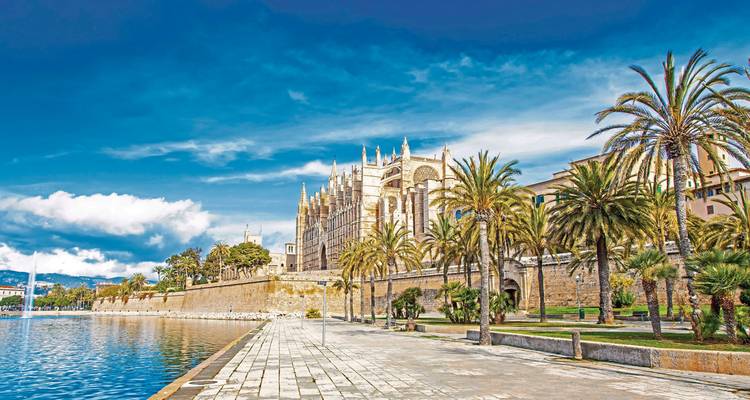 Bâtiment en pierre avec palmiers et bassin réfléchissant à Majorque.