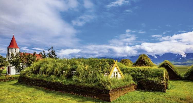 Casas de césped con vegetación vibrante bajo un cielo brillante.
