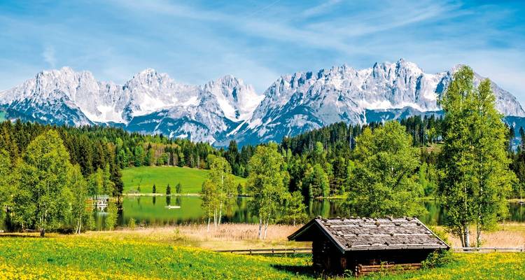 Mountain range with lush green trees and a lake