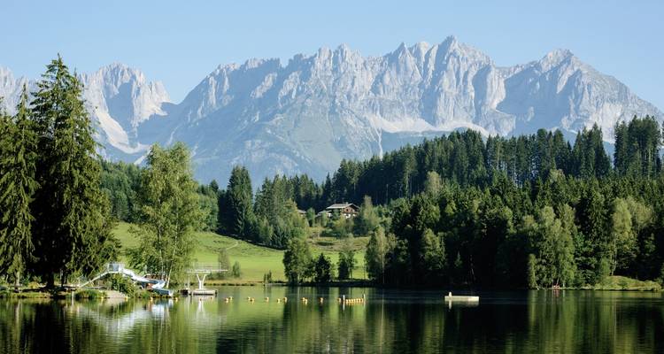 Tranquil lake with mountains and lush forest