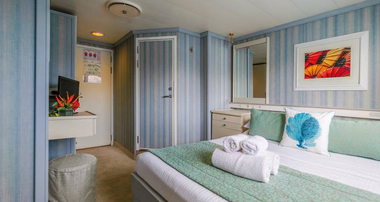 Cozy ship cabin with striped walls, a double bed, and tropical decor.