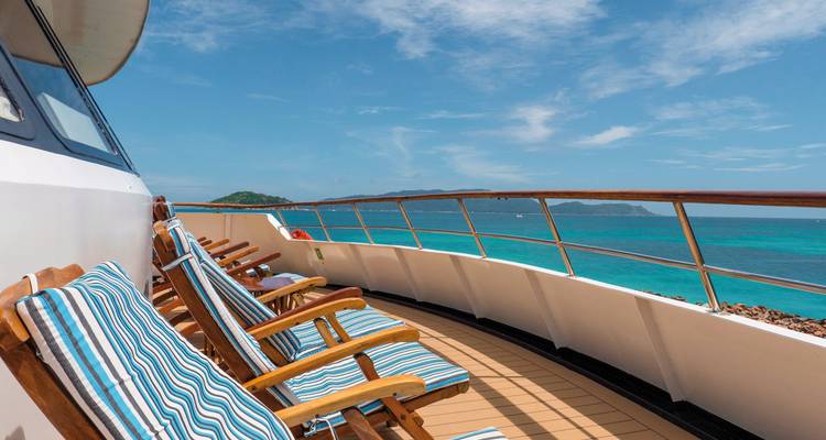 Deck chairs aligned on a ship's deck with ocean view.