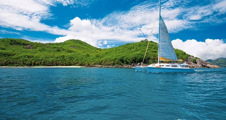 Catamaran naviguant sur des eaux bleues avec des collines verdoyantes luxuriantes